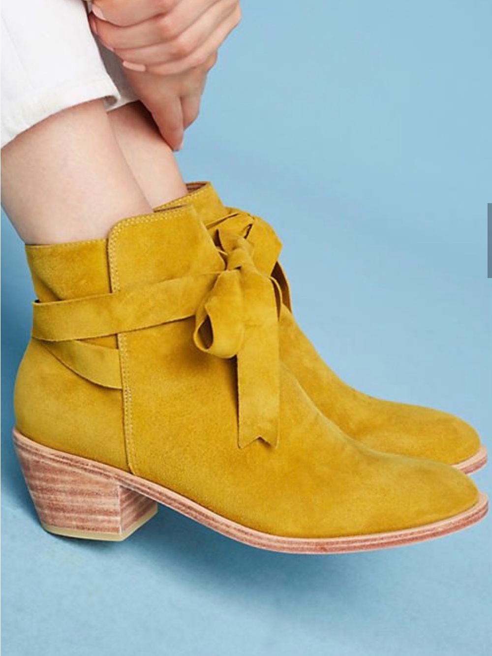 Suede Tie-Detail Ankle Boots in Mustard
